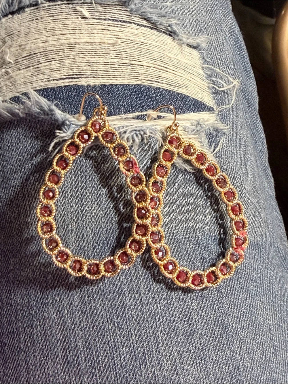 Gold Teardrop Earrings with Burgundy Garnet Stones Gold Tone - Women Jewelry